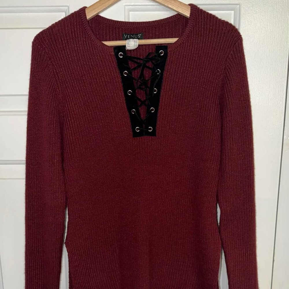 Venus maroon burgundy tunic sweater with lace up chest